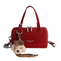 Red faux leather baguette bag with silver chain strap and plush puppy charm - With Pendant / Red