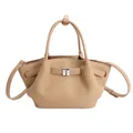 Khaki bucket bag in litchi grain leather with elegant silver buckle and top handles - With Charm / Khaki