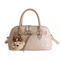 Beige matte shell-shaped handbag with plush teddy bear charm and metal buckle hardware - With Pendant / Khaki