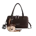 Minimalist brown suede bowling bag for women with chain detail and plush bear charm - With Pendant / Brown