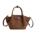 Brown lychee leather trapeze bucket bag with top handles and silver buckle detail - Without Pendant / Brown