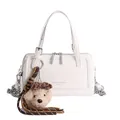White faux leather Boston bag with brand logo and plush puppy charm accessory - With Pendant / Off White