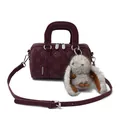 Burgundy Boston style handbag with embossed geometric patterns and plush bunny charm - With Pendant / Burgundy