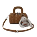 Brown mini Boston bag with floral embossing and cute plush rabbit keychain accessory - With Pendant / Brown