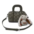 Olive green frosted Boston bag with floral pattern and plush rabbit charm - With Pendant / Green