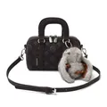 Dark brown embossed Boston bag with fashion label and plush rabbit charm accessory - With Pendant / Brown