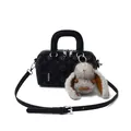 Black matte leather Boston bag with floral embossing and plush rabbit charm - With Pendant / Black