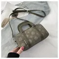Olive green matte Boston bag with embossed patterns and adjustable shoulder strap - No Pendant / Green
