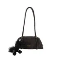 Brown suede baguette tote bag with long straps and a black horse plush charm - With Pendant / Brown