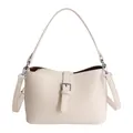 Elegante borsa a secchiello beige crema con tracolla regolabile e fibbia argento - Borsa Principale e Pochette Interna / Bianco