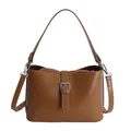 Borsa a tracolla marrone in pelle PU con cuciture a contrasto bianche e fibbie argento - Borsa Principale e Pochette Interna / Marrone