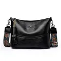 Grand sac bandoulière en cuir noir avec logo kangourou et sangle ethnique - Noir