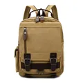Khaki canvas backpack with brown leather straps and multi-pocket vintage design - Khaki