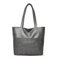 Large dark grey PU leather tote bag with double front pockets and long shoulder straps - Gray