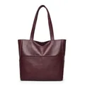 Minimalist soft leather large capacity tote bag in dark wine red with front pocket detail - Burgundy