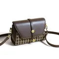 Vintage houndstooth canvas flap shoulder bag with brown faux leather trim and gold hardware - Brown