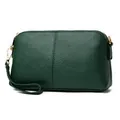 Dark green leather wristlet bag with lychee texture and gold zipper hardware - Green