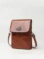 Braune Vintage-Leder-Handytasche mit silberner Sonnenschnalle und weißen Ziernähten - Gelb