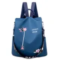 Mochila de tela Oxford azul marino para mujer con bordado floral y gran capacidad total - Azul