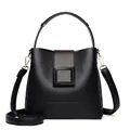 Chic black litchi textured leather bucket bag with contrast flap and top handle - Black