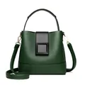 Dark green bucket bag in lychee pattern leather with black flap and golden hardware - Green