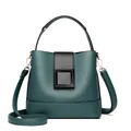 Dark green bucket bag with black flap and gold hardware in pebbled leather finish - Lake Blue