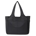 Grande borsa tote in nylon Oxford nero con tasche multiple e spalline larghe - Nero