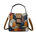 Chic bucket bag with geometric color-blocking and lychee texture in vibrant multi-colors - Blue Brown Patchwork