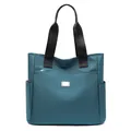 Deep teal large capacity nylon tote bag with black straps and silver metal plaque - Post Blue