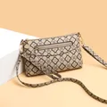 Elegant beige crossbody bag with brown clover pattern and gold metal hardware for women - Pattern Khaki