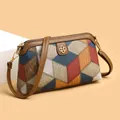 Bohemian patchwork crossbody bag with lychee texture and multi-color geometric design - Blue Brown Patchwork