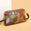 Bohemian patchwork crossbody bag in litchi grain faux leather with clover buckle - Gray & Brown Patchwork