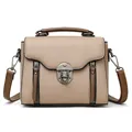Beige and brown vintage crossbody bag with litchi texture leather and metal lock - Khaki