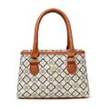 Sac à main classique beige à motif trèfle avec anses marron et coutures rouges sur les bords - Blanc