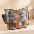 Women's 3D geometric patchwork tote bag with multicolored leather and ethnic wide strap - Brown Patchwork