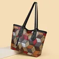 Modische bunte Patchwork-Tragetasche aus PU-Leder mit großem Fassungsvermögen für Reisen - Grau und Braun Patchwork