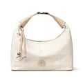 Sac à main plissé beige avec poignée à fermoir métallique et détail fleur en cuir - Blanc