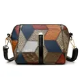 Borsa a tracolla retrò multicolore in pelle martellata con fibbia dorata e design geometrico - Blu Nero (Patchwork Irregolare)