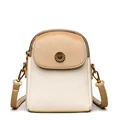 Bolso bandolera vertical para móvil con solapa caqui y cuero crema de estilo suave - Blanco Roto