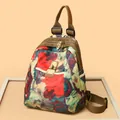 Mini floral nylon backpack in colorful watercolor print with brown fabric shoulder straps - Red Flower Small - Without Strap