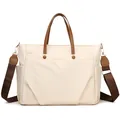 Off-white large capacity laptop tote bag with brown leather handles and wide crossbody strap - White