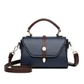 Dark blue litchi pattern handbag with brown straps and golden metal hardware details - Blue