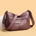 Sac bandoulière en similicuir souple violet pour femmes avec plusieurs poches zippées - Rose Lotus