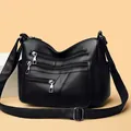 Sac à bandoulière en cuir souple noir pour femme avec plusieurs poches et grande capacité - Noir
