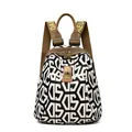 Women's lightweight travel backpack with black and white geometric pattern and brown straps - Small / DS Letter Style