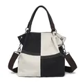 Minimalist black and white patchwork canvas tote bag with adjustable shoulder strap - Black