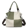 Retro canvas tote bag in green and beige color block design with shoulder strap - Dark Green