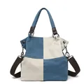 Canvas-Einkaufstasche mit blau-beigem Patchwork-Design und verstellbarem Riemen - Blau