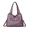 Retro purple soft leather handbag for women featuring a multi-layer design and silver hardware - Dusty Pink