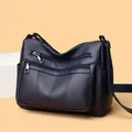 Classic navy blue tote bag for women with multiple zip pockets and lychee grain texture - Dark Blue
